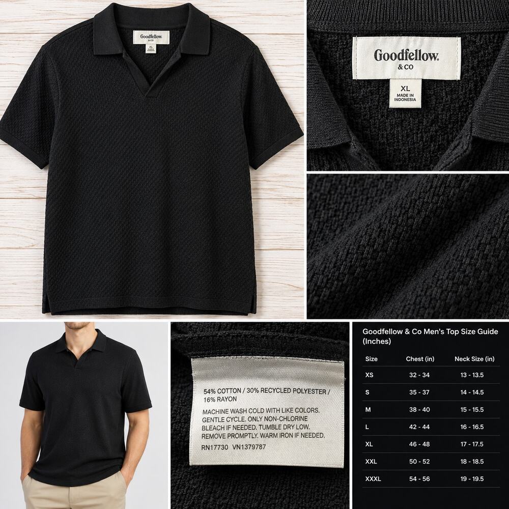 Goodfellow & Co Textured Knit V Neck Polo Black Men’s XL